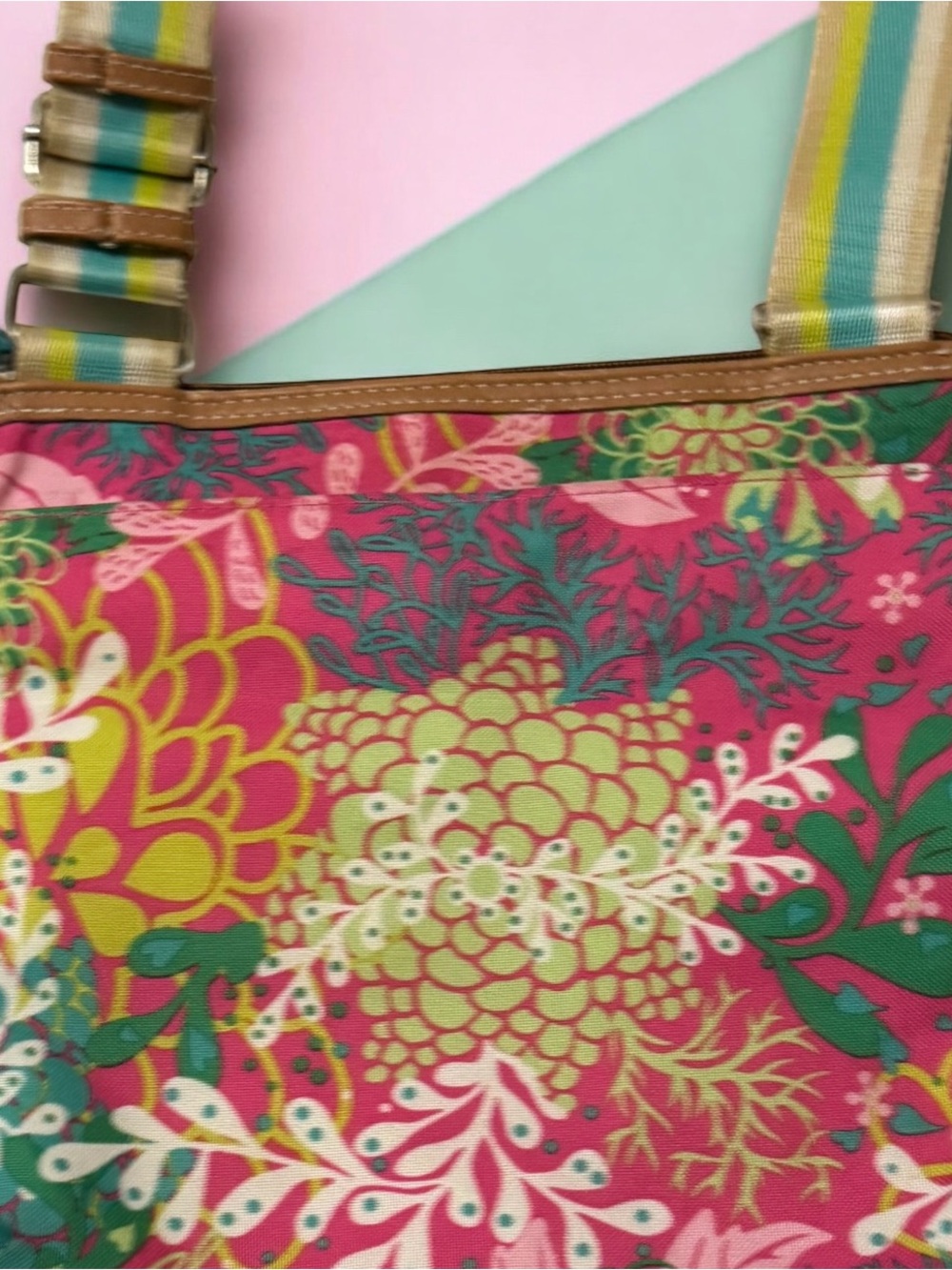 Lilly Bloom Pink & Teal Floral Crossbody with Striped Strap - Picture 2 of 2